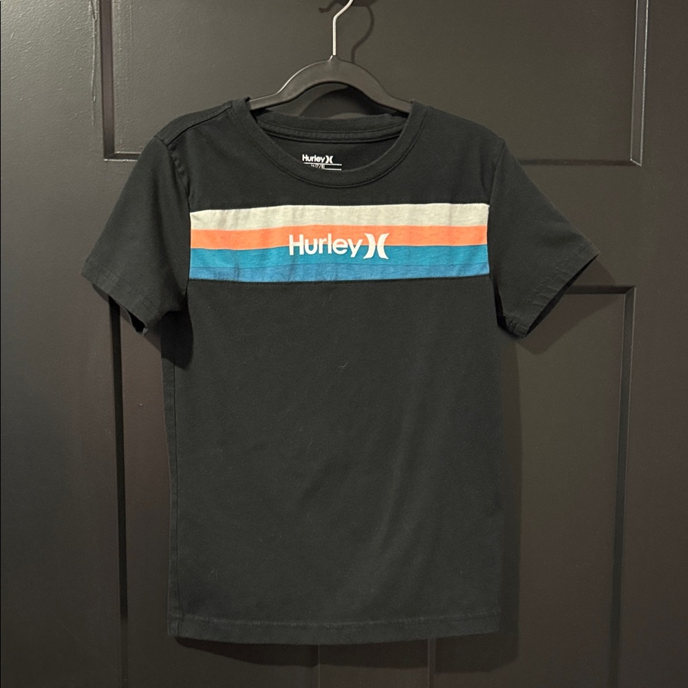 Hurley Black Tee with Red, Orange, and Blue Stripes
